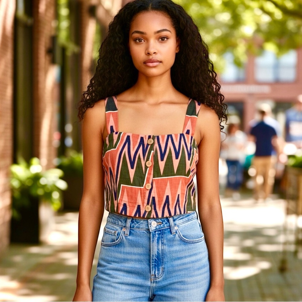 VERONICA BEARD Tiffany Square Neck Top, Sundance Abstract Linen, Size Large - Picture 2 of 12